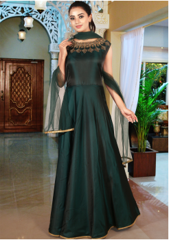 Dark Green Color Art Silk Designer Gown-PLUS SIZE